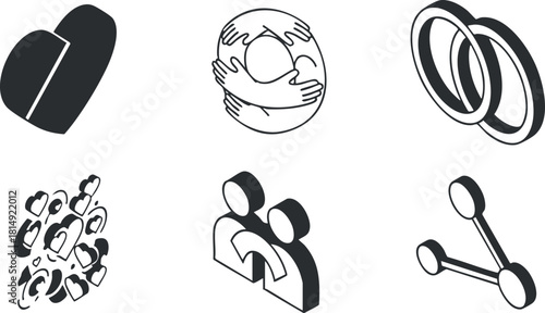 Black and white vector icons depicting love and relationships themes including hearts, couples, and unity symbols for graphic design projects.