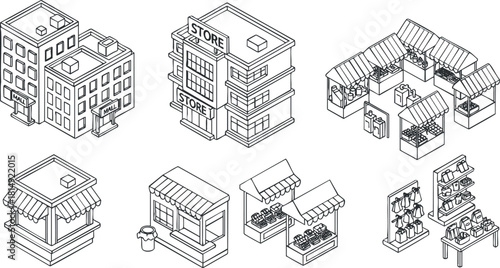 Outline vector illustration of various commercial buildings and stores for urban design and planning projects