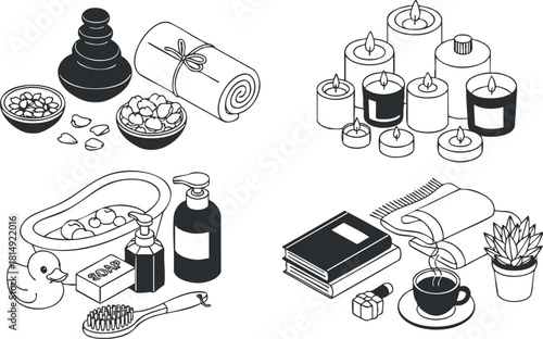 Minimalist black and white vector illustration of a spa and wellness concept featuring candles, massage tools, and self-care items for relaxation.