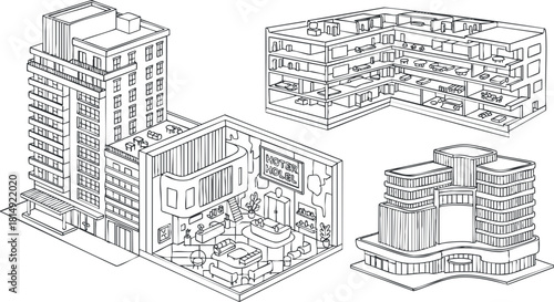 Outline vector illustration of modern hotel buildings showcasing exterior and interior design for architectural projects