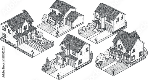 Detailed vector illustration of a collection of five modern houses in a residential setting for design projects