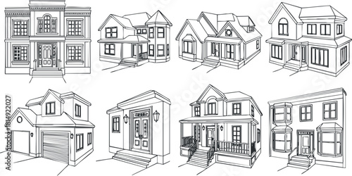 Outline vector illustration set of various house designs featuring modern and classic architectural styles for real estate projects