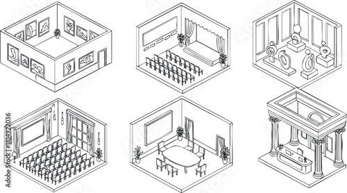 Isometric vector illustration set of various interior room designs showcasing modern furniture and elegant decor.