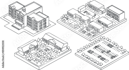 Geometric vector illustration of a school campus layout featuring multiple buildings, sports facilities, and landscaped areas for urban planning.