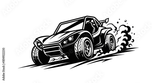 Dynamic Off-Road Buggy Kicking Up Dust in Black and White.
