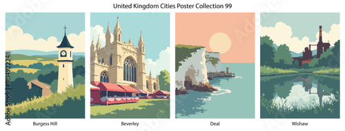 Burgess Hill, Beverley, Deal, Wishaw Flat Vector Poster Collection