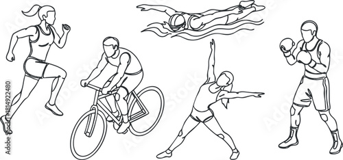 Line art vector illustration of various sports activities including running, cycling, swimming, and boxing for fitness and health projects