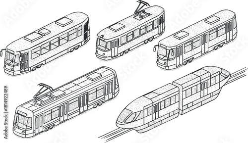 Outline vector illustration set of various tram and train designs suitable for transportation and urban planning projects