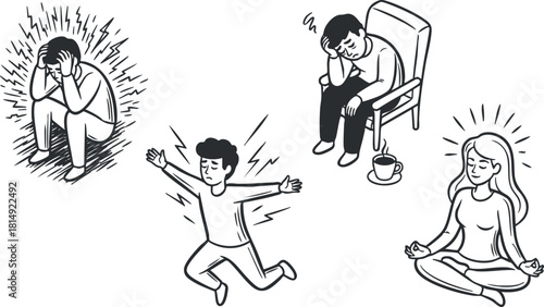 Illustration depicting various emotional states: stress, relaxation, and meditation in a minimalist line art style for wellness themes