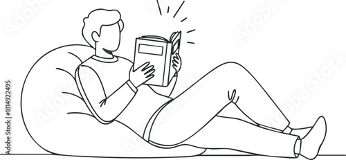 Minimalist line art illustration of a person relaxing on a bean bag while reading a book, perfect for lifestyle and wellness projects