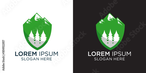 Mountain and forest shield logo for adventure brand, showcasing nature's beauty and strength, perfect for outdoor companies and conservation efforts, available in light and dark versions