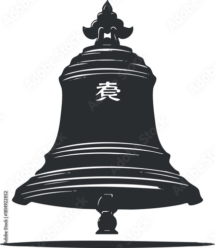 Ornate black and white vector illustration of a traditional bell featuring intricate design elements for cultural and decorative use