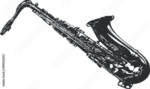 Stylized black and white vector illustration of a saxophone, ideal for music-related projects and designs.