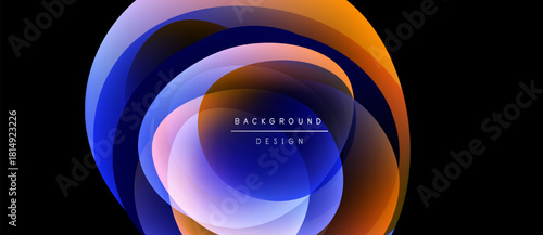 Abstract layers create dynamic oval shape. Vivid colors blend, forming modern background design. Minimalist text adds subtle detail.