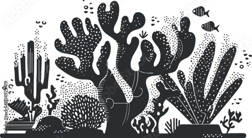 Stylized black and white vector illustration of a coral reef with various marine plants and fish for decor and design.