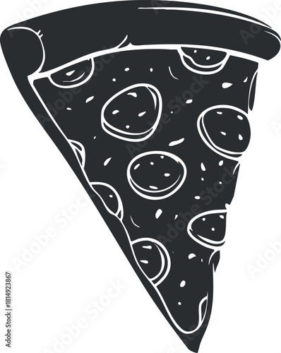 Minimalist black and white vector illustration of a pepperoni pizza slice for food-themed designs and menus