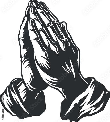 Stylized black and white vector illustration of praying hands, representing faith and spirituality for religious contexts and design projects
