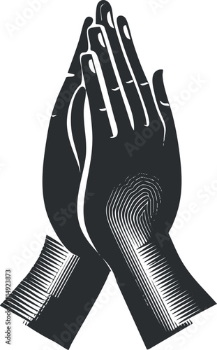 Stylized black and white vector illustration of praying hands, representing spirituality and devotion for design and branding projects
