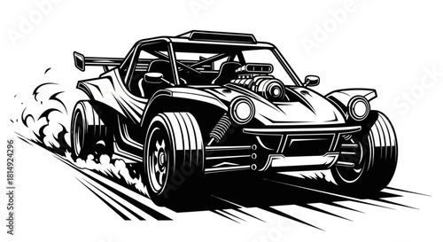 Detailed Black and White Illustration of a High-Performance Racing Buggy.