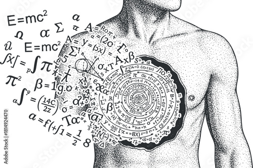 Abstract vector illustration of a human silhouette with mathematical equations and symbols spiraling from the chest, symbolizing knowledge and intellect