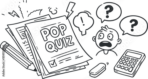 Cartoon-style vector illustration depicting a pop quiz scenario with a stressed student and quiz papers, ideal for educational materials.