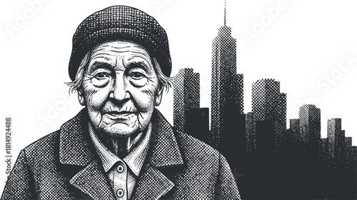 Detailed black and white vector illustration of an elderly woman with a city skyline in the background, ideal for cultural and urban-themed designs
