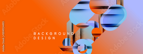 Abstract geometric shapes overlap vibrant orange, blue gradients. Modern design elements create dynamic visual texture. Background features text sample.