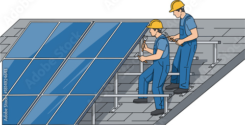Technicians installing solar panels on rooftop, renewable energy workers performing maintenance, sustainable power system installation, clean energy technology illustration