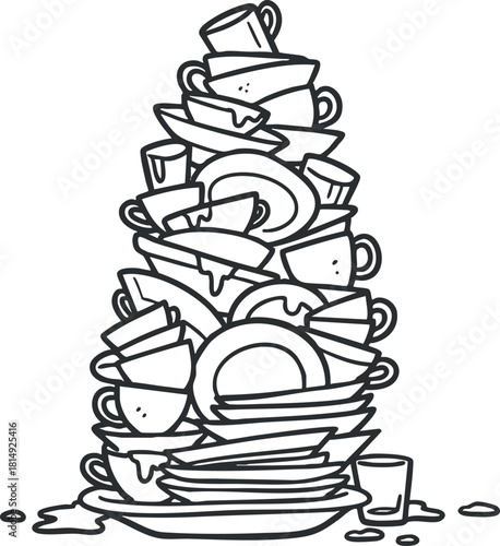 Line art vector illustration of a messy stack of dishes and cups, ideal for kitchen and household cleaning concepts