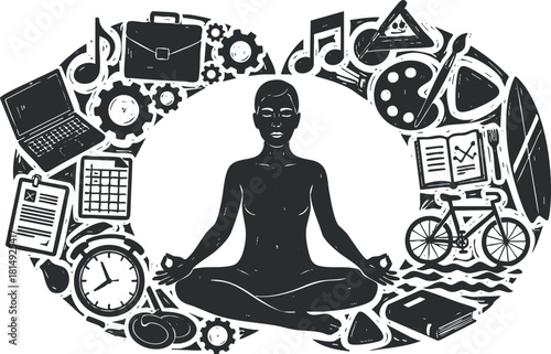 Stylized black and white vector illustration of a meditating figure surrounded by icons representing various aspects of life and wellness