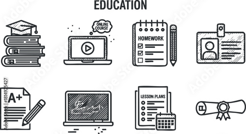 Hand-drawn vector icons representing various education elements such as books, online courses, and homework for educational projects.