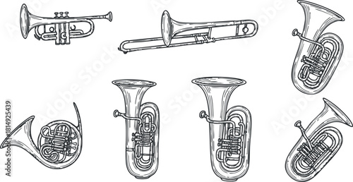 Hand-drawn vector illustration featuring a collection of brass musical instruments including trumpets, tubas, and trombones for music-related designs
