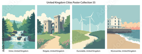 Esher, United Kingdom, Reigate, United Kingdom, Dunstable, United Kingdom, Morecambe, United Kingdom Flat Vector Poster Collection