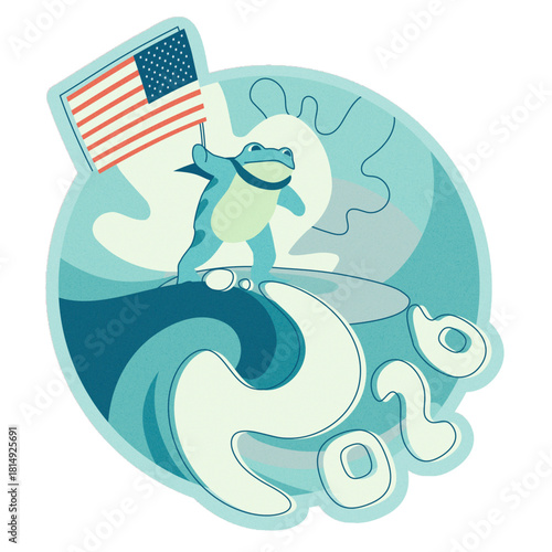 A peaceful protest frog surfing a blue wave with the American flag and 2026 below: A reminder to vote blue in the 2026 midterm elections and protect American democracy