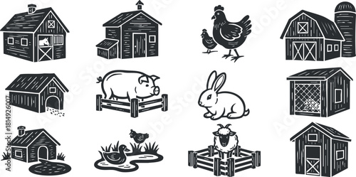 Vintage black and white vector illustration set featuring farm animals and buildings, perfect for agricultural themes and design projects