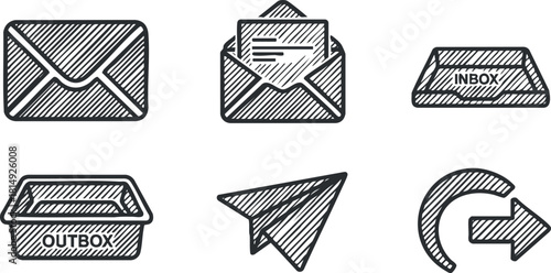 Hand-drawn vector icon set featuring envelopes, inbox, outbox, and paper plane for email and messaging concepts
