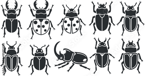Collection of black and white vector illustrations featuring various beetle designs for nature and entomology projects