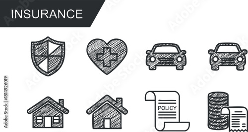 Vector icon set illustrating various insurance concepts including health, auto, home, and policy symbols for branding and design projects