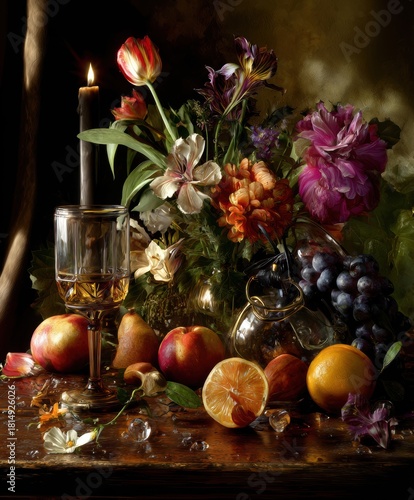 A photorealistic still life of fruits and flowers in the style of the Dutch masters.