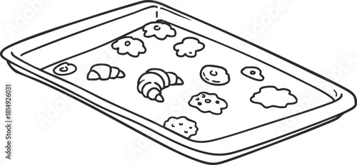 Line art vector illustration of a baking tray filled with various pastry items for culinary projects