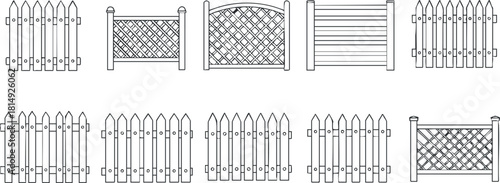 Vector illustration set of various wooden fence designs including gates and lattice patterns for landscaping and outdoor decor