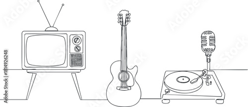 Minimalist line art illustration showcasing retro television, acoustic guitar, microphone, and record player for music and entertainment themes