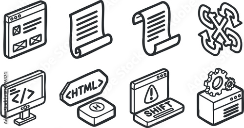 Outline vector icon set depicting web development elements including HTML, coding tools, and user interface symbols for digital projects