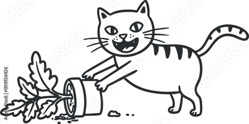 Playful outline illustration of a happy cat interacting with a potted plant, perfect for children's books and playful designs