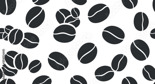 Seamless pattern of black coffee beans on a white background, perfect for food-related design projects and branding.
