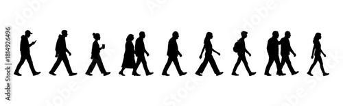 vector illustration. silhouettes of people walking along the street. Large set of characters of different ages.	
