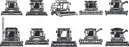 Silhouette vector icon set featuring various combine harvesters, ideal for agricultural themes and farming design projects
