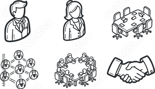 Vector illustration of business professionals in various settings including meetings, teamwork, and networking concepts.