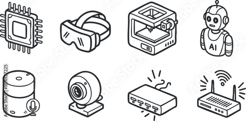 Outline vector icon set featuring technology symbols including AI robot, virtual reality headset, webcam, and smart devices