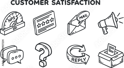 Collection of vector icons representing customer satisfaction concepts, including NPS, reviews, and feedback mechanisms for marketing and design projects